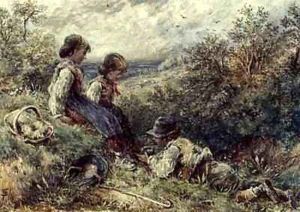 Children collecting eggs by Myles Birket Foster