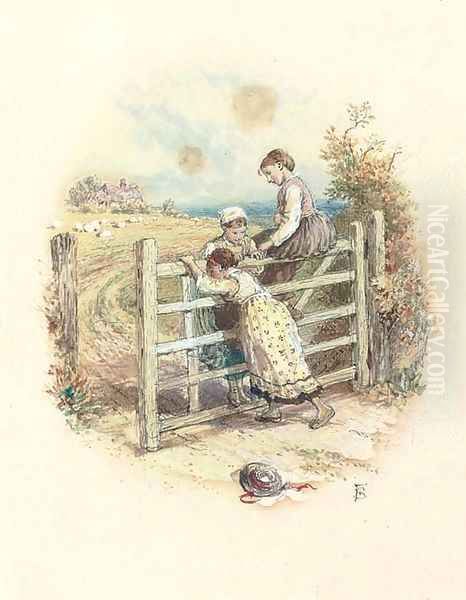 Three children playing on a gate - view 1