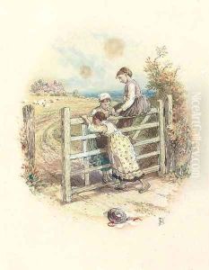 Three children playing on a gate by Myles Birket Foster