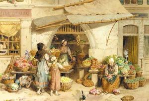 A fruit shop, Rialto market, Venice by Myles Birket Foster