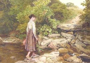 A girl crossing a stream by Myles Birket Foster