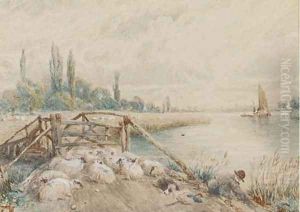 A young shepherd with his flock on a riverbank by Myles Birket Foster