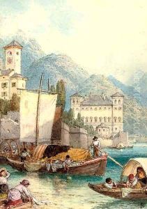 Children picking up a mooring on Lake Como by Myles Birket Foster