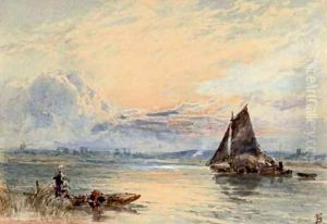 A loaded hay barge on the river at dusk