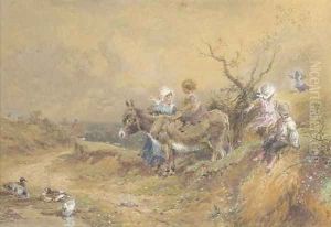 Children with a donkey beside a duck pond by Myles Birket Foster