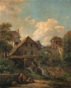 Continental Views: Women By A
Watermill; And A Drover And Yokedcattle Before A Lakeside Castle by Jacob George Strutt