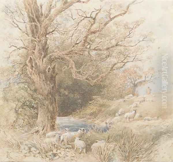 A shepherd with his flock beside a woodland pond - view 1