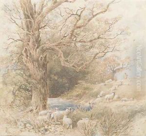 A shepherd with his flock beside a woodland pond by Myles Birket Foster