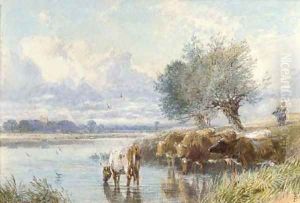 Cattle watering at the riverbank by Myles Birket Foster