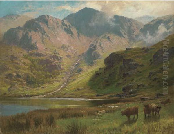 Highland Landscape, With Cattle And Sheep Before A Loch - view 1