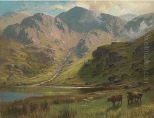 Highland Landscape, With Cattle And Sheep Before A Loch by Charles Stuart