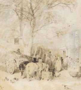 Outside the village inn by Myles Birket Foster