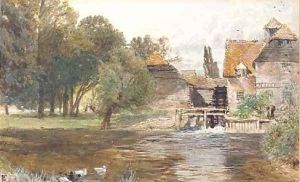 Study of a figure beside a watermill, with ducks in the foreground