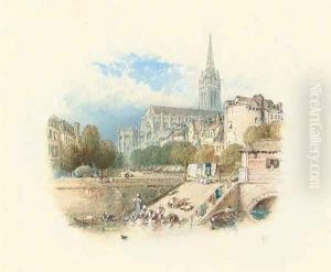 The church of St Pierre, Caen, seen from the river by Myles Birket Foster