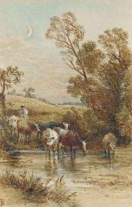 A drover and cattle crossing a ford under a crescent moon by Myles Birket Foster