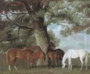 Mares And Foals Beneath A Large Oak Tree by George Stubbs