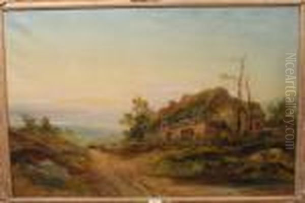End Of Day, With Figures On A Path Walking To A Rustic Thatched Cottage - view 1