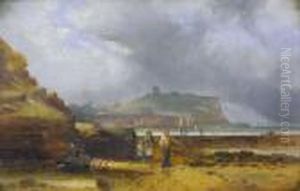 A View Of Whitby, With Fishermen On A Beach And The Abbey In The Background by Ralph I Stubbs