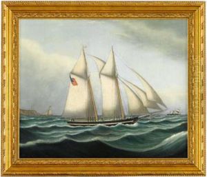 A Schooner Flying American Flag With Lighthouse Beyond