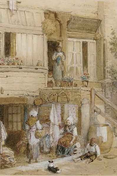 Figures outside a house, France - view 1