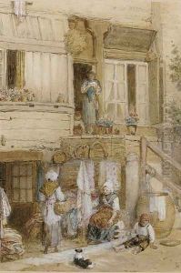 Figures outside a house, France