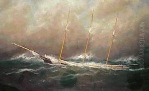 The Three-masted Schooner 'zacheus Sherman' In Rough Seas by William Pierce Stubbs