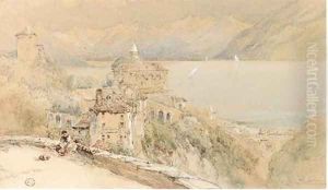 View of a continental lakeside town by Myles Birket Foster