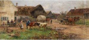 Dachauer Bauerngehoft Mit Zahlreicherfigurenstaffage by Karl Stuhlmuller