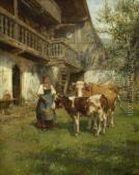 Magd Mit Kuh Und Kalb Vor Dem
Bauernhaus. - view 1