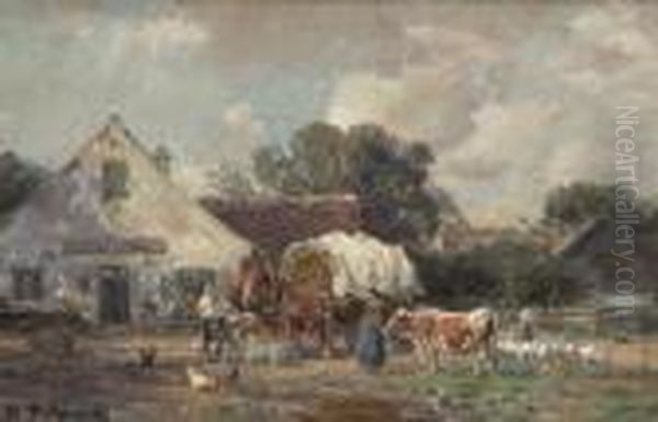 Bauern Mit Vieh Und Pferdefuhrwerk
Vor Der Dorfwirtschaft. - view 1
