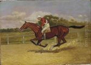 A Chestnut Racehorse Galloping, With Jockey Up by Henry Stull