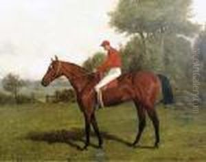 A Dark Bay Racehorse With Jockey Up In A Landscape by Henry Stull