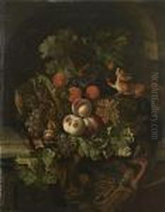 Nature Morte De Fruits Dans Une Niche Animee D'unecureuil by Ernst Stuven
