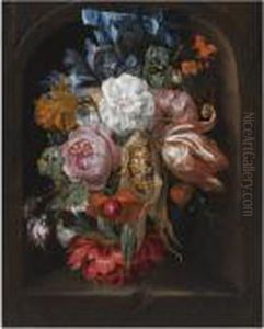 A Still Life Of A Corncob,
Roses, A Parrot Tulip, Irises, And Otherflowers Suspended From A Blue
Ribbon, In A Stone Niche by Ernst Stuven