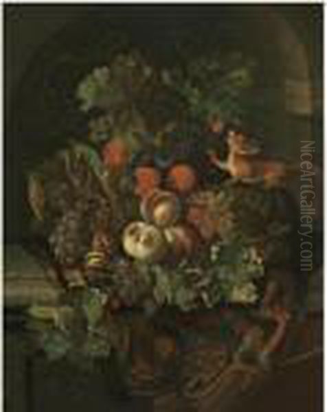 Still Life With A Red Squirrel
Amongst Peaches, Grapes, Vine Leavesand Walnuts On A Stone Ledge - view 1