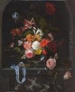 A Parrot Tulip, An Iris, 
Poppies, Roses And Other Flowers In A Glass Vase With A Pocket-watch And
 Two Butterflies In A Niche With A Classical Sculpted Low Relief by Ernst Stuven