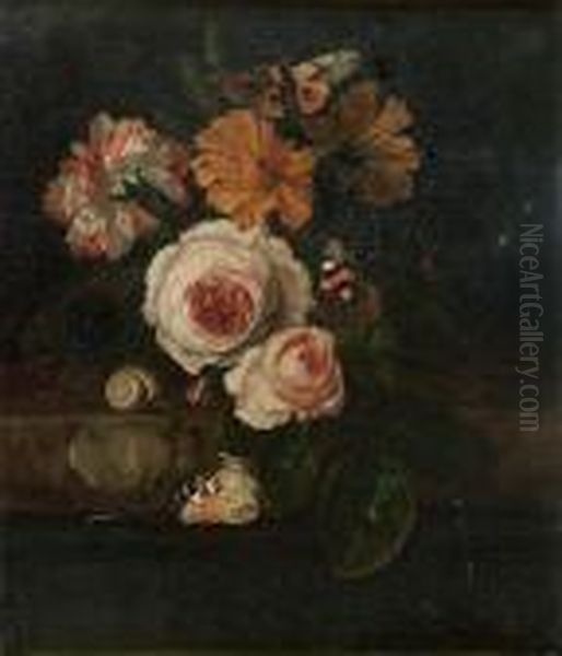 Bouquet De Fleurs Sur Un Entablement De Marbre Avec Des Papillons Et Un Escargot - view 1