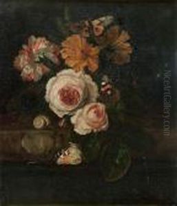 Bouquet De Fleurs Sur Un Entablement De Marbre Avec Des Papillons Et Un Escargot