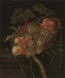 A Pomegranate, Apricots, Grapes 
And Peaches In A Wicker Basket On A Partly-draped Stone Ledge by Ernst Stuven