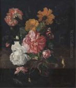 Roses With A Butterfly, A Bluebottle And A Snail On A Stone Ledge by Ernst Stuven