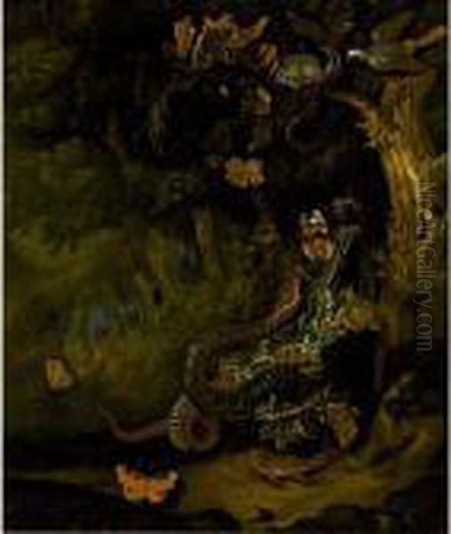 A Forest Floor Still Life With 
An Aspis Adder Attacking A Red Admiral, Together With A Peacock 
Butterfly And Other Butterflies, A Lizard, Snails And A Gold Thistle, 
With A Bird And A Rat Near A Bird's Nest - view 1