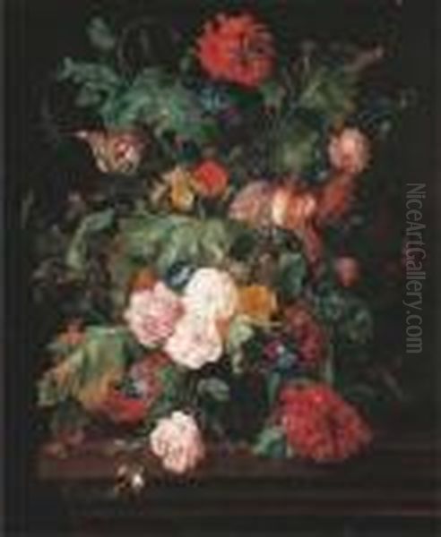 Roses, A Lily And Convulvulus In
 A Glass Vase, With Two Red Admiralbutterflies And A Caterpillar, On A 
Wooden Ledge - view 1