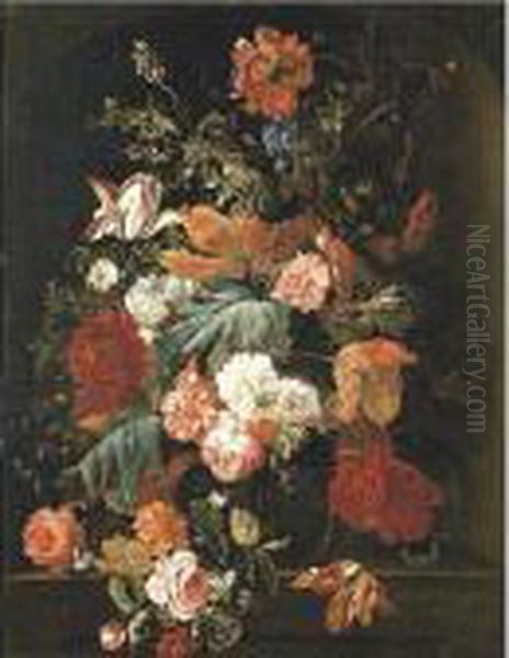 A Still Life Of Roses, Variegated Tulips, Irises, And Other Flowers, In A Glass Vase - view 1