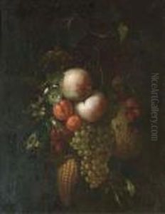 Peaches, Grapes On The Vine,
Berries, Corn, A Melon, Apricots Andflowers Hanging In A Bunch by Ernst Stuven