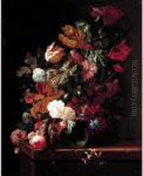 A Still Life Of Flowers In A Glass Vase On A Stone Ledge - view 1