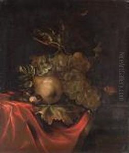 Grapes, A Pear, A Mouse And Nuts On A Partly Draped Ledge by Ernst Stuven