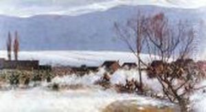 Uciekajacy Rosjanie Na Tle Zabudowan Sybinu by Jan Styka