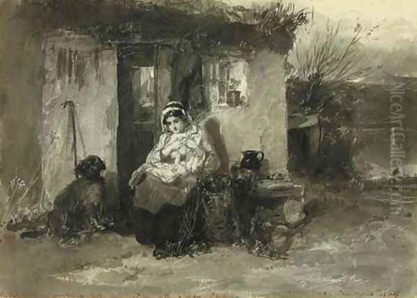 Mother and child by a lakeside cottage - view 1
