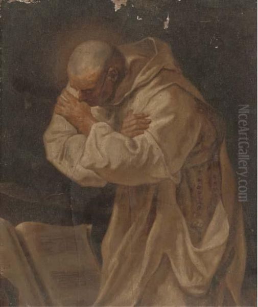 A Monk In White Robes Praying Before A Book - view 1