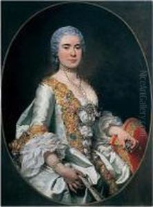 Portrait Of A Lady, Half Length,
In A Lace-trimmed Dress And Holding A Miniature Of Her Husband by Pierre Subleyras